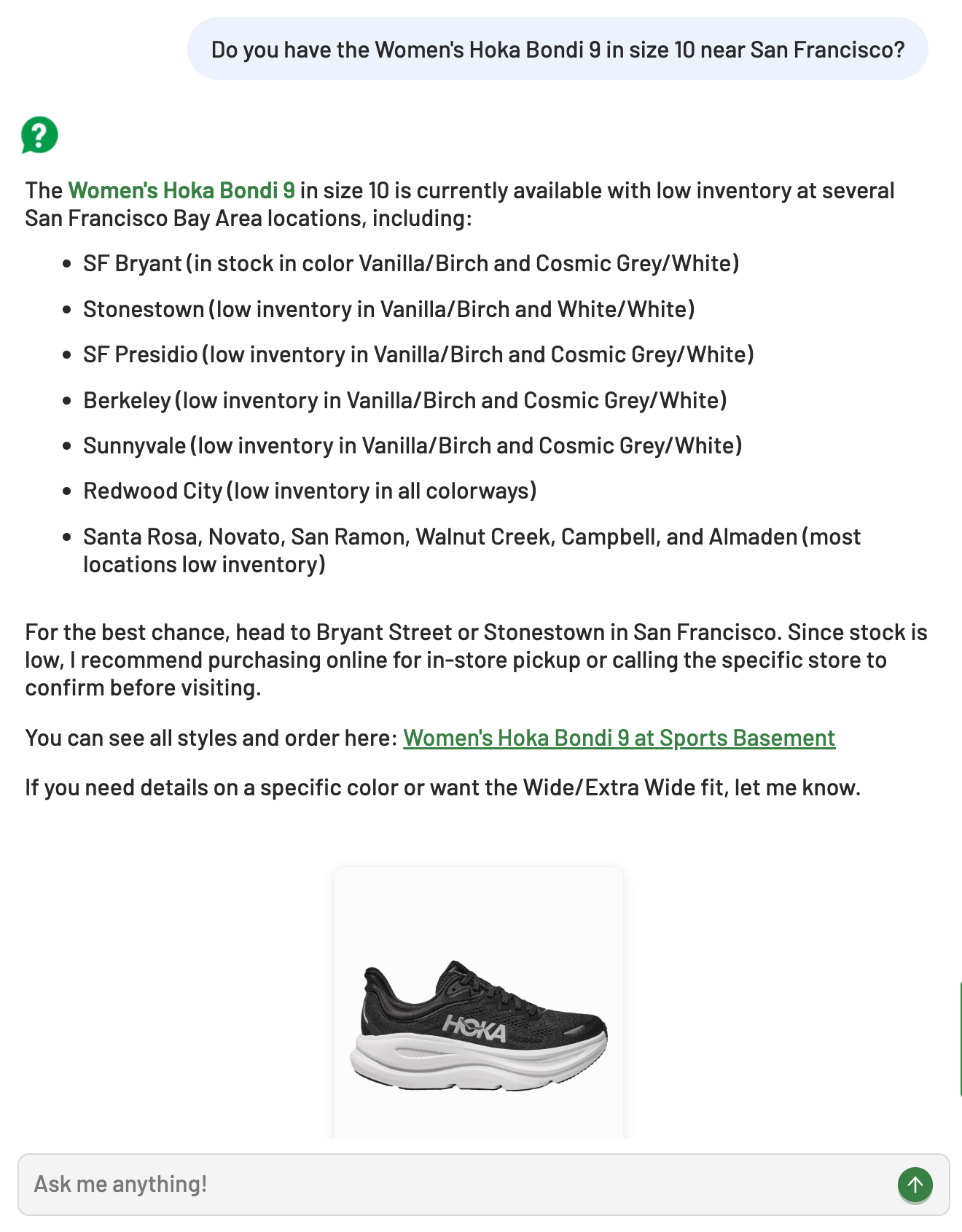 AI answer to question: Do you have the Women's Hoka Bondi 9 in size 10 near San Francisco?